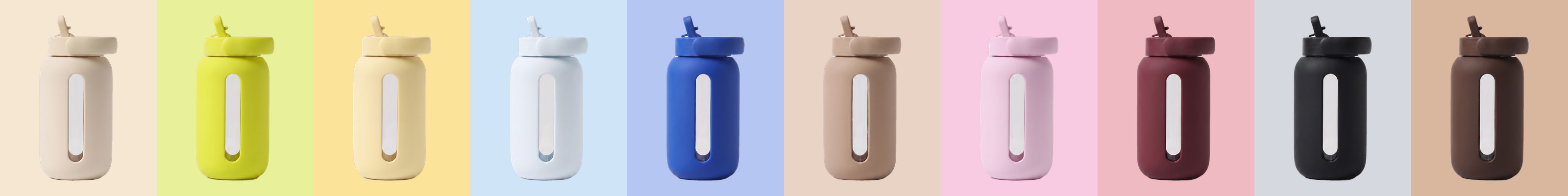 Les dix coloris de la gourde Bevu, manchon silicone mat et bouchon paille assortis